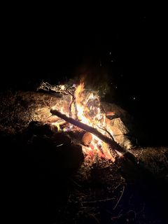 Flames licking along a log laid across the firepit in near darkness